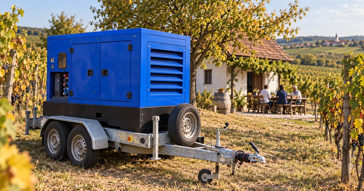 Modrá elektrocentrála na přívěsu u vinařské chaty mezi vinicemi, hosté u degustačního stolu v zářijovém slunci