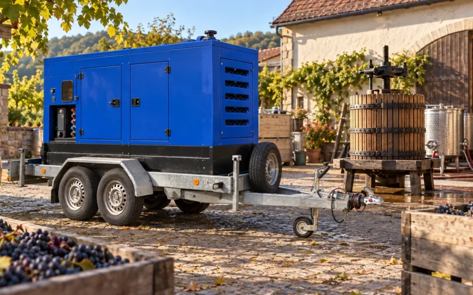 Modrá elektrocentrála na přívěsu mezi bednami s hrozny na dvoře vinařství, lis vzadu, slunečné zářijové odpoledne.