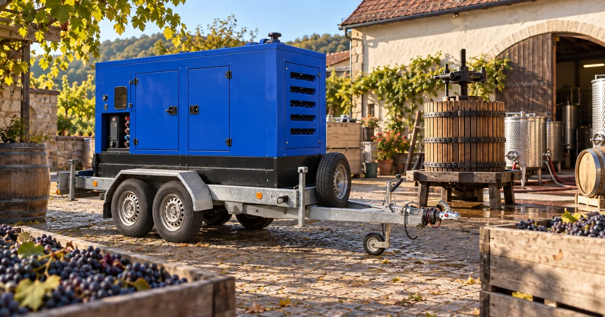 Modrá elektrocentrála na přívěsu mezi bednami s hrozny na dvoře vinařství, lis vzadu, slunečné zářijové odpoledne.