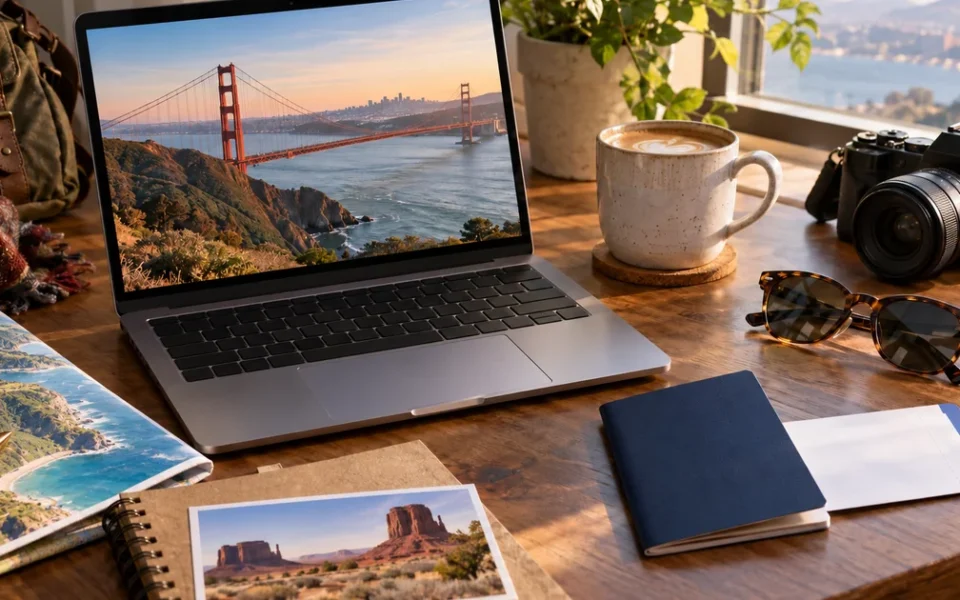 Plánování cesty do USA u stolu s notebookem, pasem a fotoaparátem