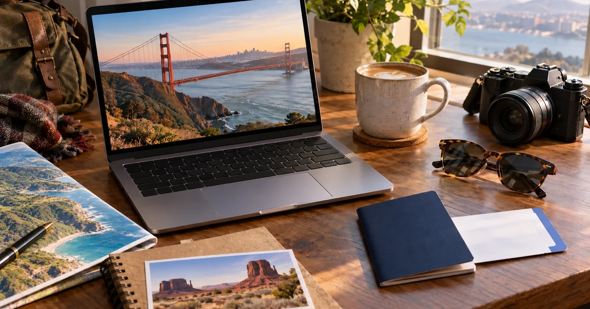 Plánování cesty do USA u stolu s notebookem, pasem a fotoaparátem